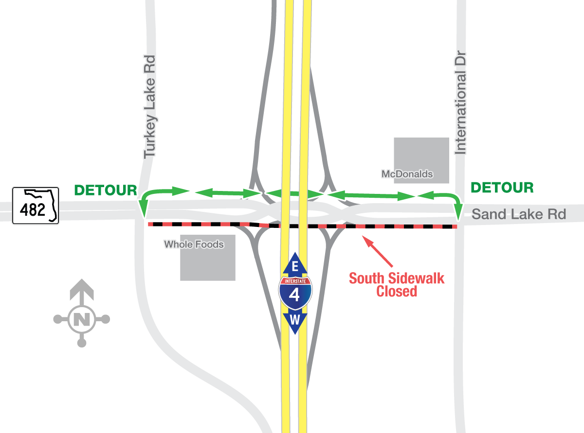 Sand Lake Road Pedestrian Traffic Diverted to North Side Near I-4