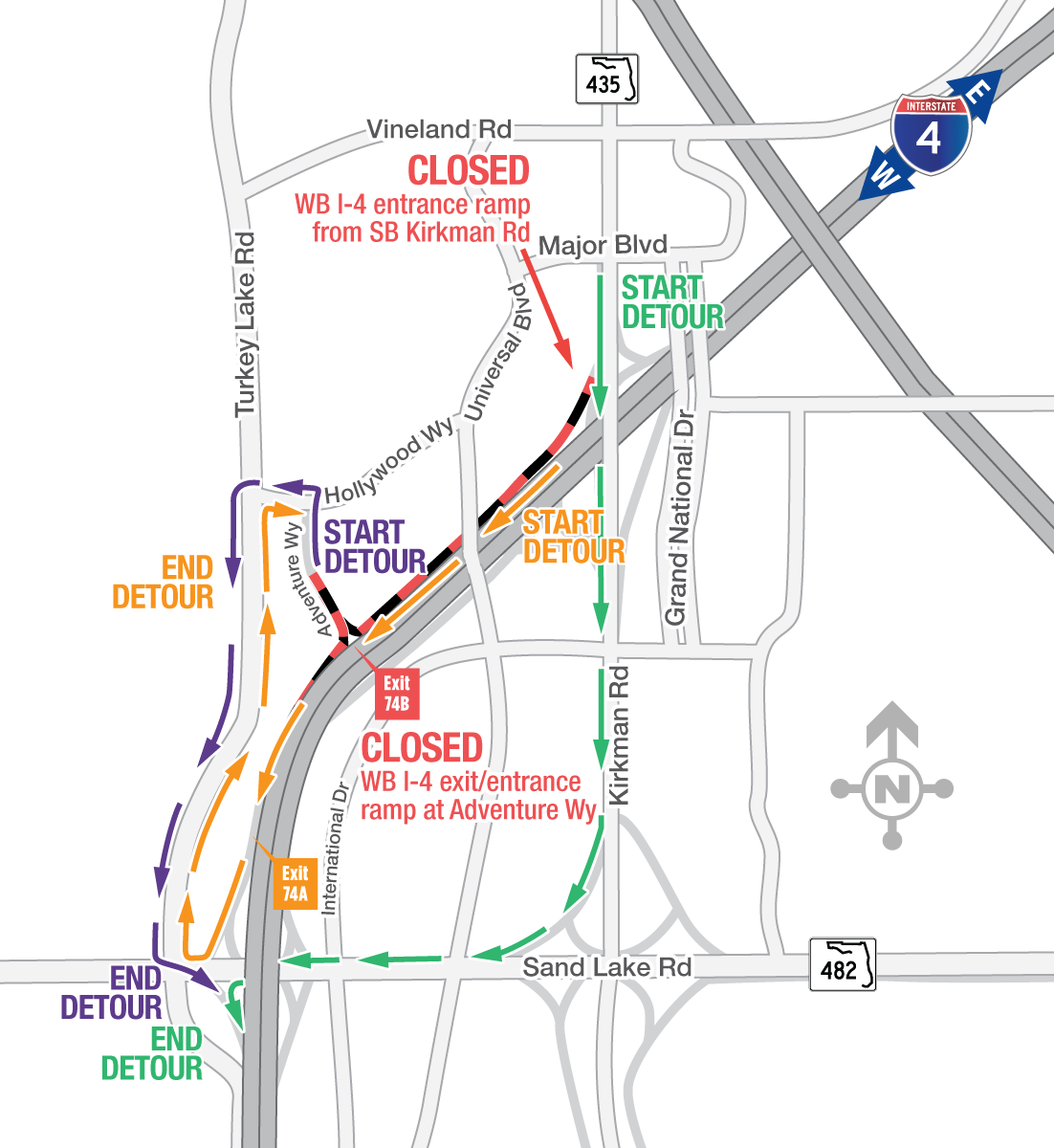 Westbound I-4 to Adventure Way to southbound Kirkman to westbound I-4
