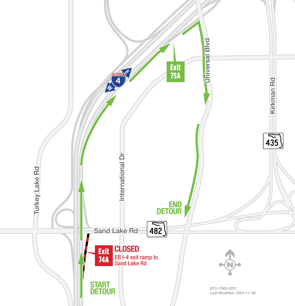 I-4 Exit Ramps to Sand Lake Road (Exit 74A) to Close Starting March 4