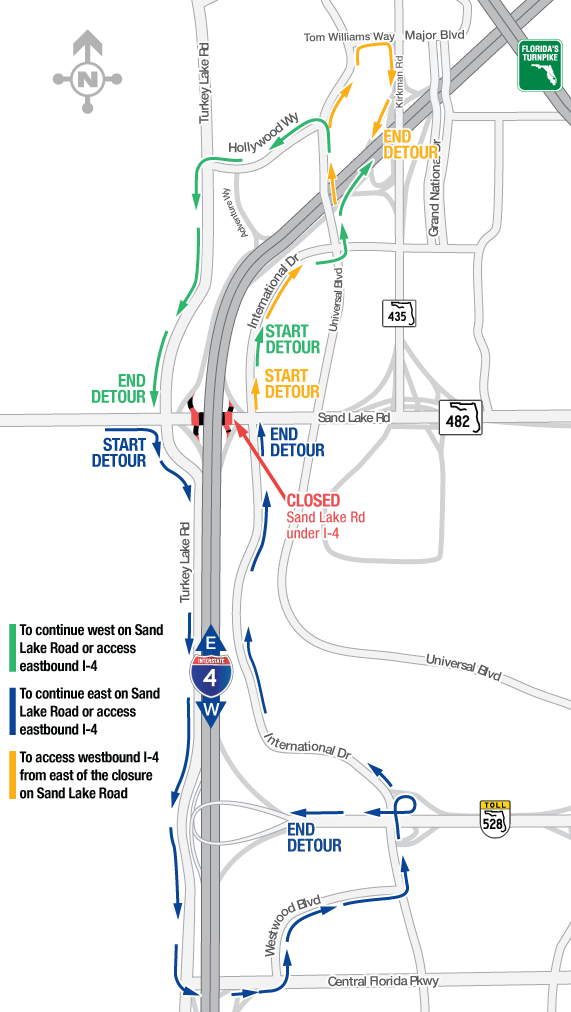 Overnight Closures of All Lanes of Sand Lake Road Under I-4 January 17-21