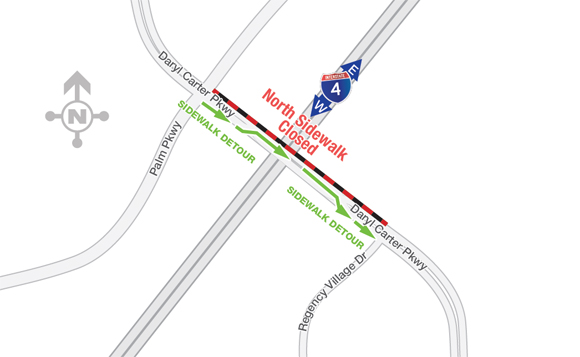 the sidewalk diversion directs pedestrian traffic to the south side of the roadway between Turkey Lake Road and International Drive