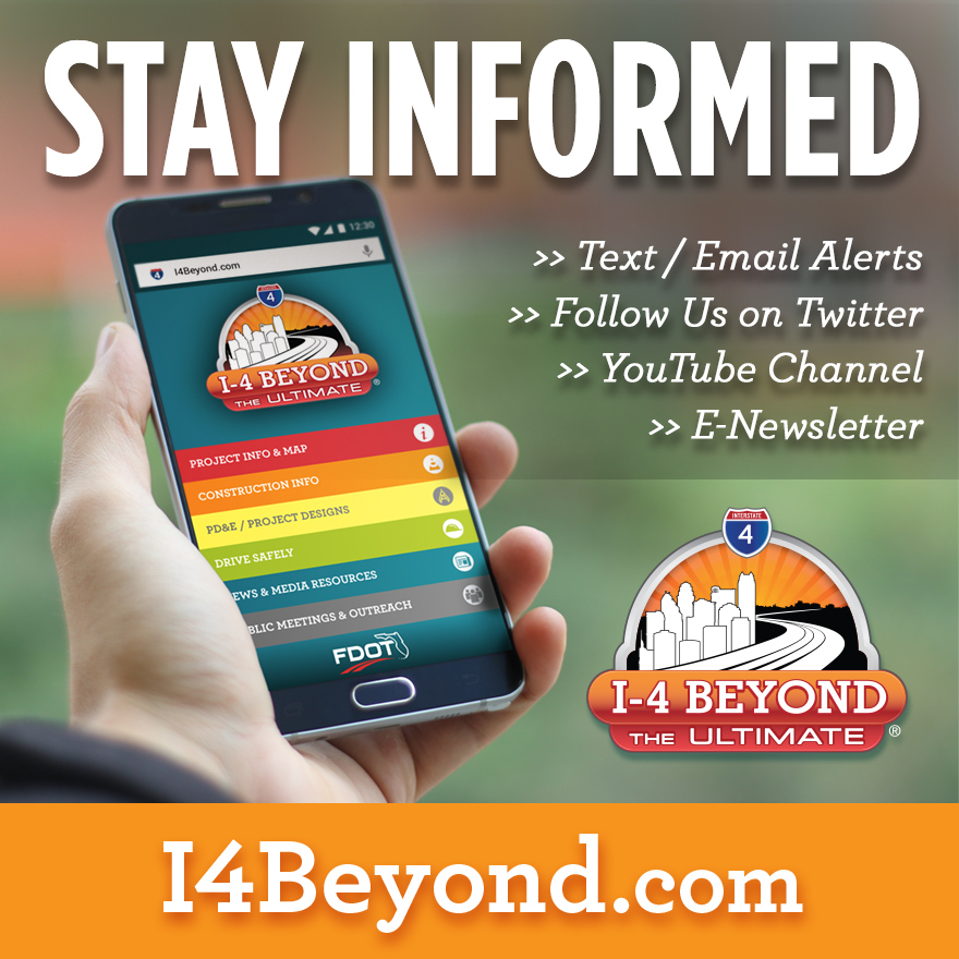 I-4 Beyond Stay Informed social media banner orange blurry background square